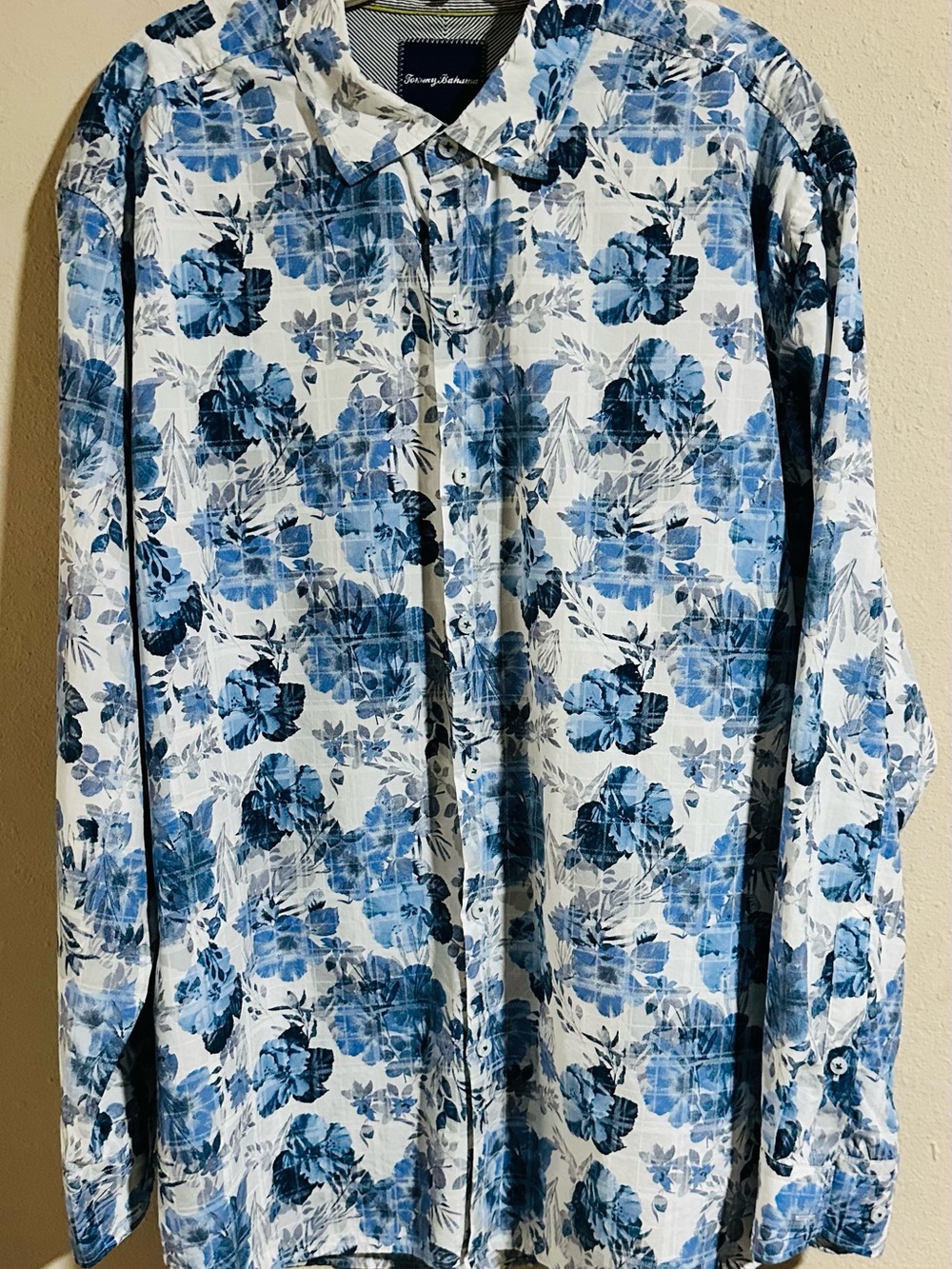 Tommy Bahama Cotton and Silk Blend White and Blue Floral Button-Down Shirt